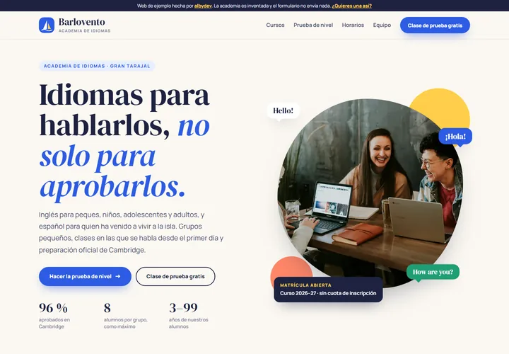 Portada de la web de ejemplo de Academia Barlovento, academia de idiomas en Gran Tarajal