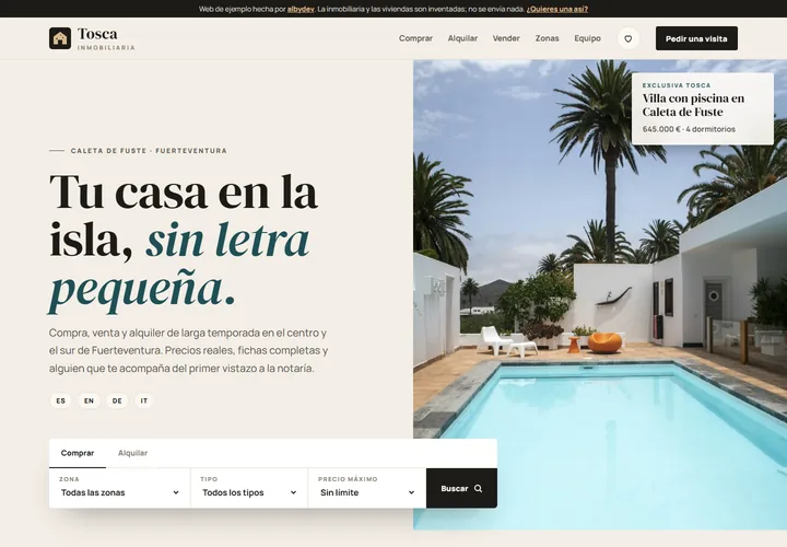 Portada de la web de ejemplo de Tosca Inmobiliaria, en Caleta de Fuste