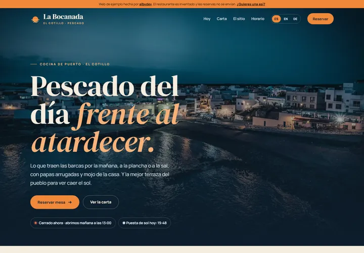 Portada de la web de ejemplo de La Bocanada, restaurante de pescado en El Cotillo